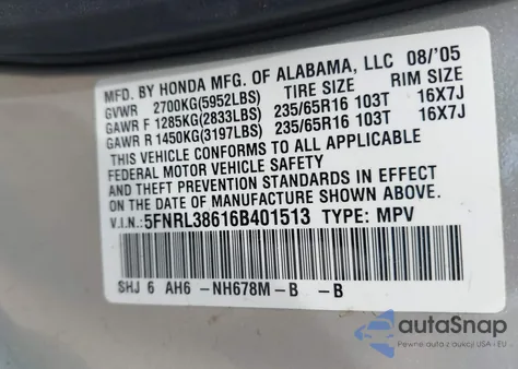 2006 Honda Odyssey Ex-L из США, поврежденный, VIN 5FNRL38616B401513